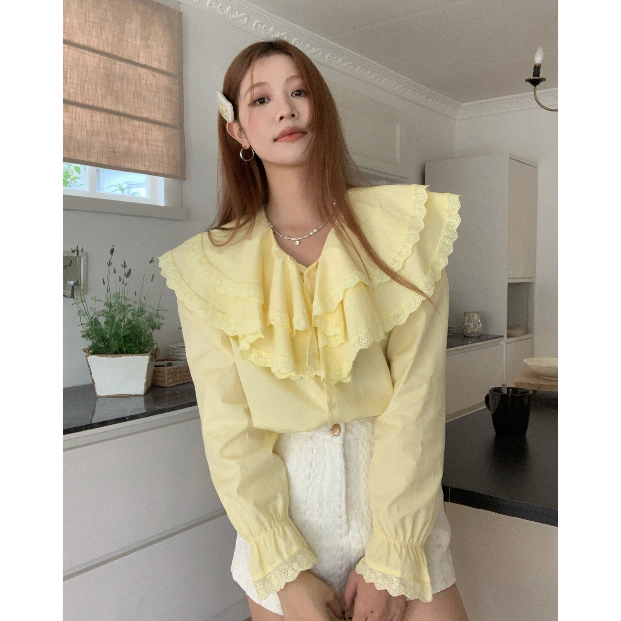 Real shot 24 early spring lace splicing double-layer large lapel pure cotton shirt