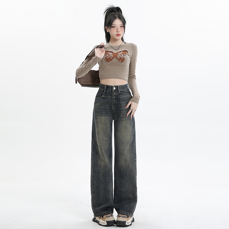 實拍2024早春復古牛仔褲女高腰寬鬆拖地褲美式垂感闊腿長褲