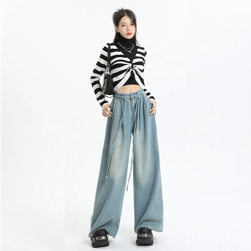 實拍2024早春闊腿牛仔褲女寬鬆顯瘦復古高腰直筒拖地褲