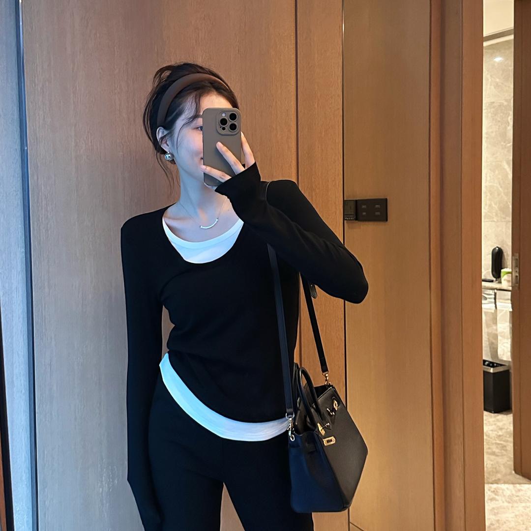 Zixi original color matching fake two piece knitted round neck top for women spring and autumn new bottoming shirt