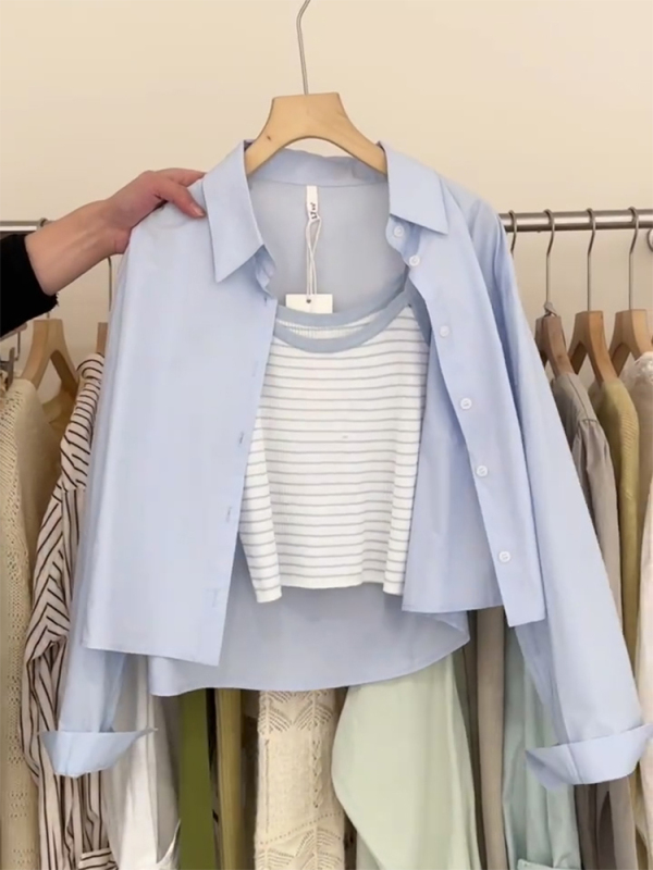Pure cotton 2024 new blue short long-sleeved shirt for women spring and autumn design cardigan outer top