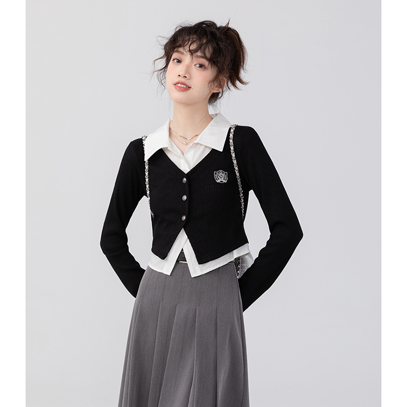 Original method, original breast mark prominent, fake two-piece Polo collar shirt for women, autumn splicing short college style top
