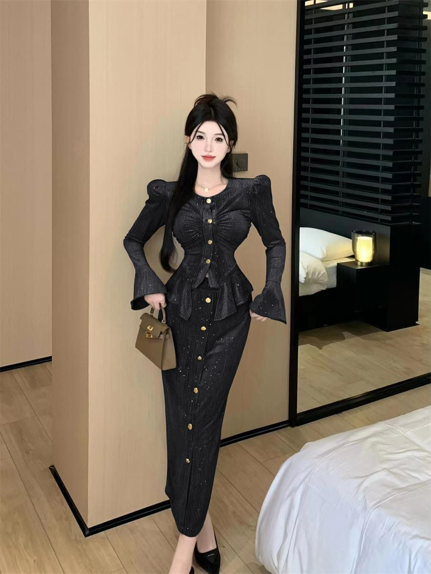 2024 new street celebrity black suit women's autumn and winter high-end hip-covering half-length skirt two-piece set