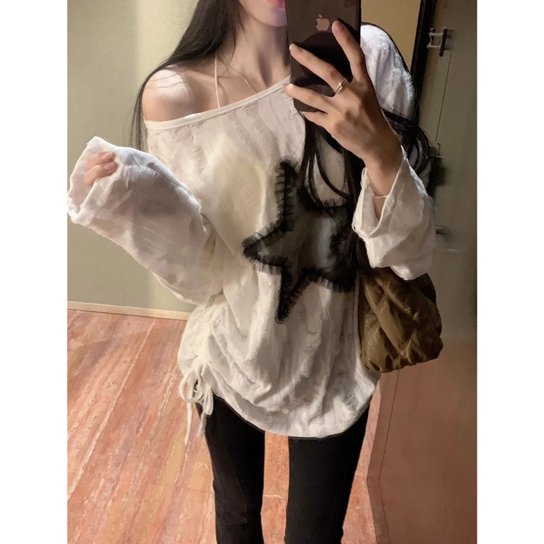 秋季慵懶寬鬆破洞星星薄款圓領長袖T恤女設計感