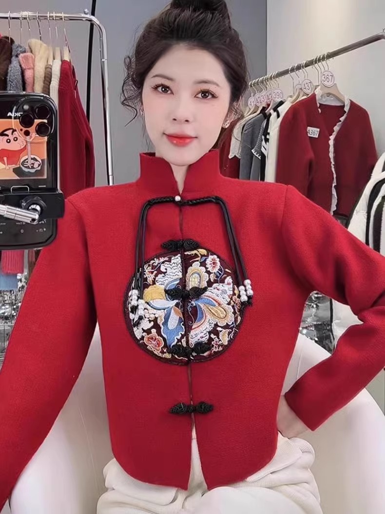 新中式國風復古立領開衫毛衣外套女新款秋冬休閒刺繡針織衫潮