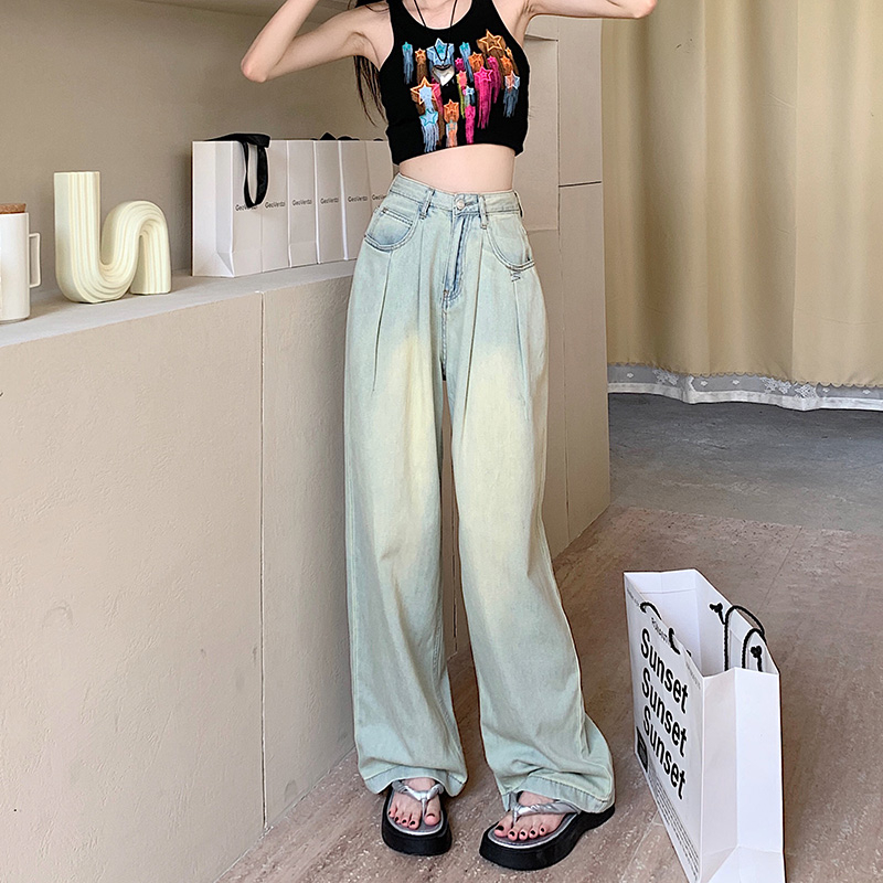 實拍2024早春時尚潮流寬鬆垂感闊腿褲直筒牛仔褲女
