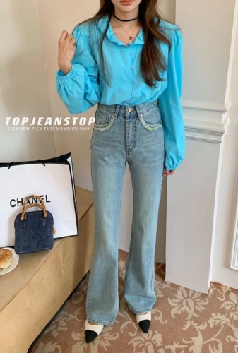 Early spring haute couture series TOP European-made pocket raw edge design straight-leg flared jeans