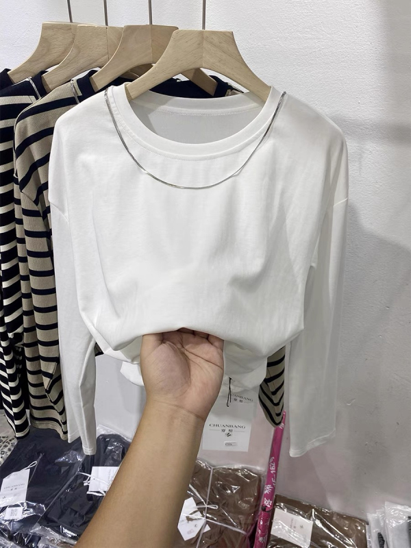 95 cotton + shoulder pad early spring and autumn large size fat MM design niche top round neck chain long sleeve t-shirt for women