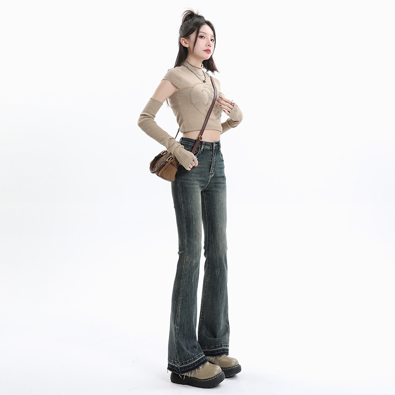 實拍2024早春新款扎染微喇牛仔褲女顯瘦高腰小個子馬蹄設計感