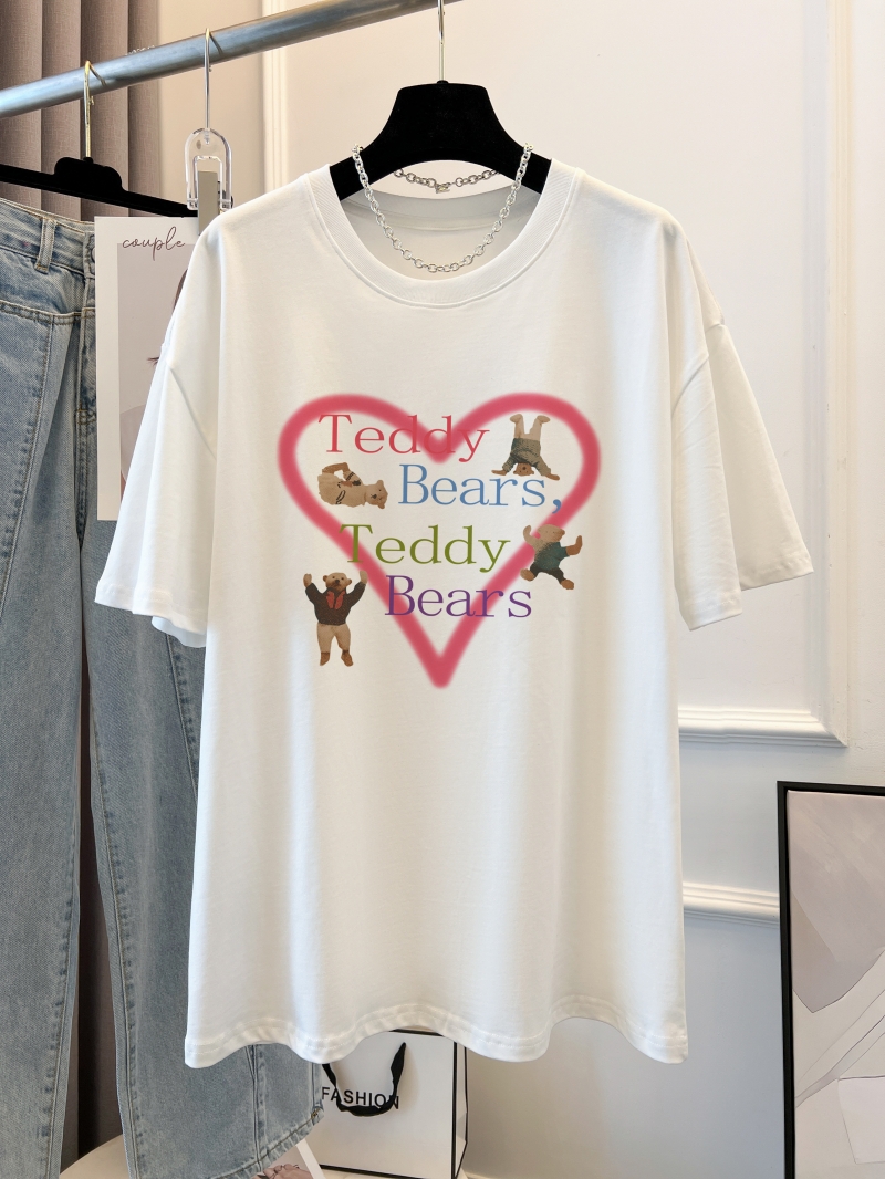 Real shot - 100% cotton combed cotton 2024 printed summer short-sleeved T-shirt for women loose Korean style