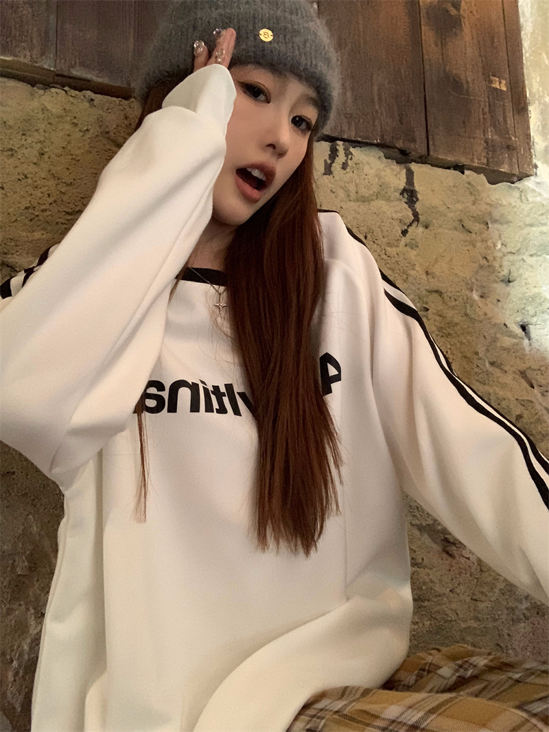 實拍 美式復古三條杆圓領長袖純棉衛衣女2024新款oversize上衣