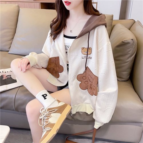 First real shot of 270g imitation cotton jacquard non-snagging Korean style short cardigan zipper hooded sweatshirt jacket for women