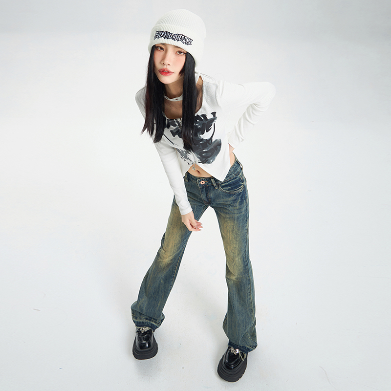 實拍2024早春微喇直筒褲復古懷舊直筒牛仔褲低腰闊腿長褲子女
