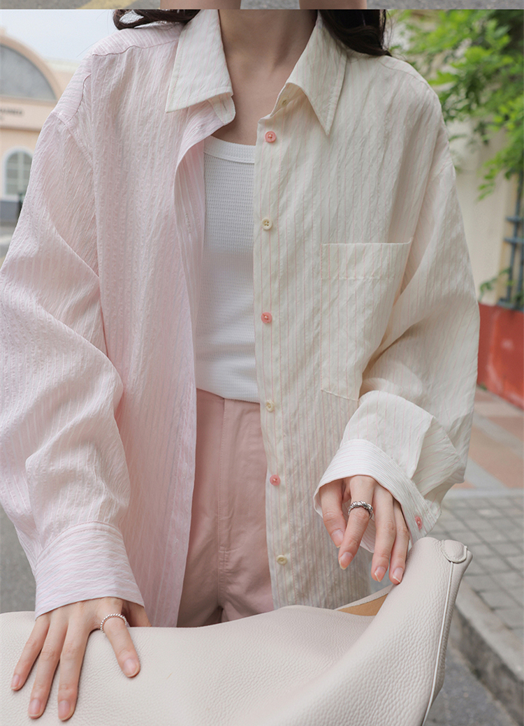 55 viscose 26 polyester 19 nylon 2024 bubble pink color matching striped shirt women's sun protection casual top