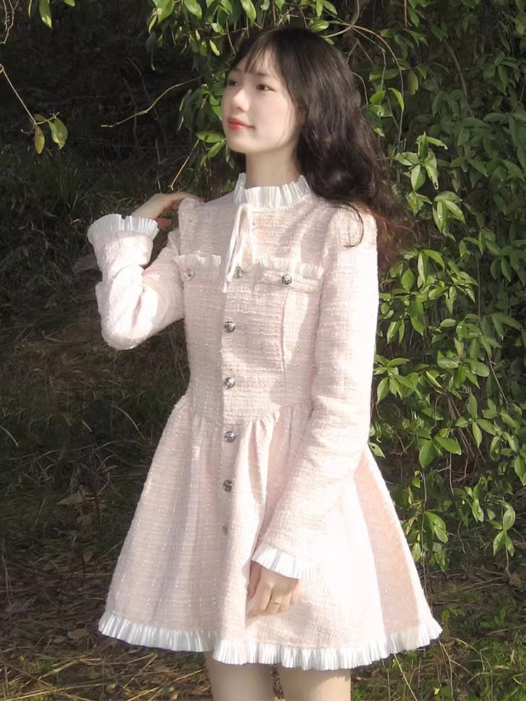 富家千金小香風粉色裙子春秋季甜美奶乖復古公主蕾絲拼接連衣裙女