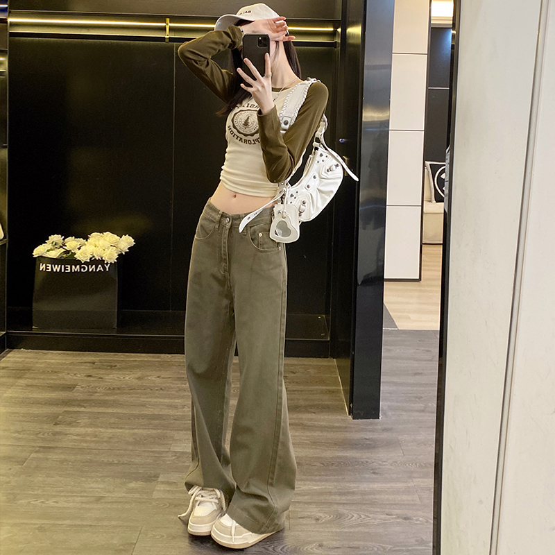 實拍2024早春牛仔闊腿褲女高腰顯瘦復古耐穿拖地褲子