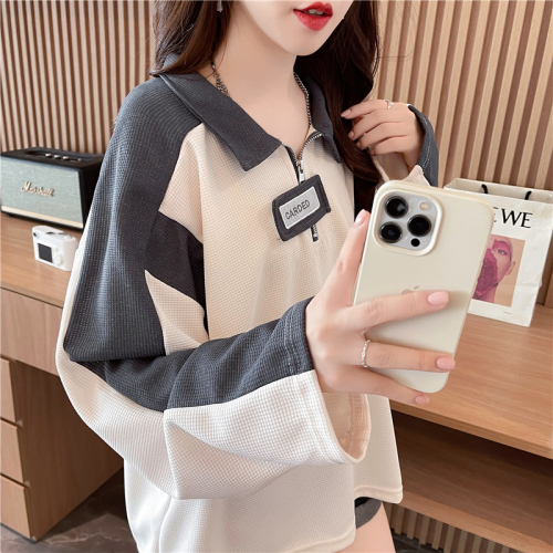 First real shot of 260 waffle 100 polyester large size mid-length loose POLO collar sweatshirt for women