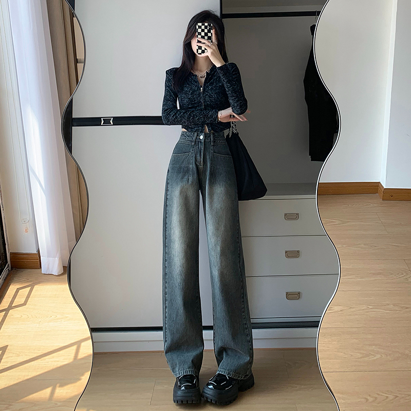 Actual shot of 2024 early spring new style nostalgic retro Hong Kong style distressed floor-length straight pants