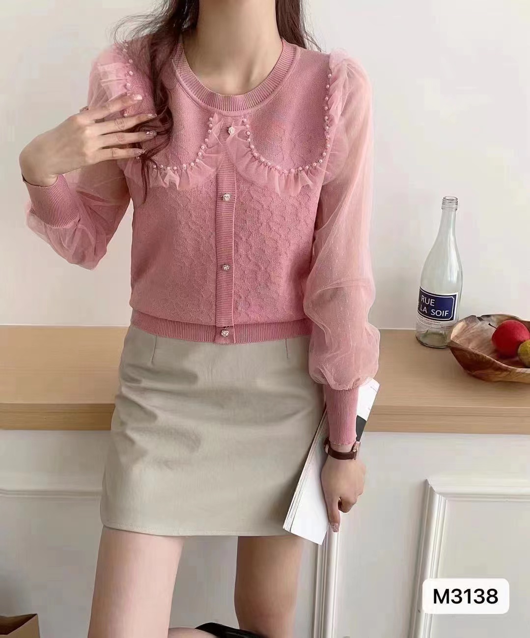2024 spring and summer new sweet age-reducing lace earrings beaded chiffon long-sleeved versatile top