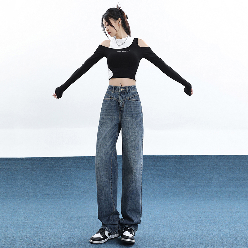 Actual shot of 2024 early spring jeans for women, loose slimming wide-leg pants, versatile straight design