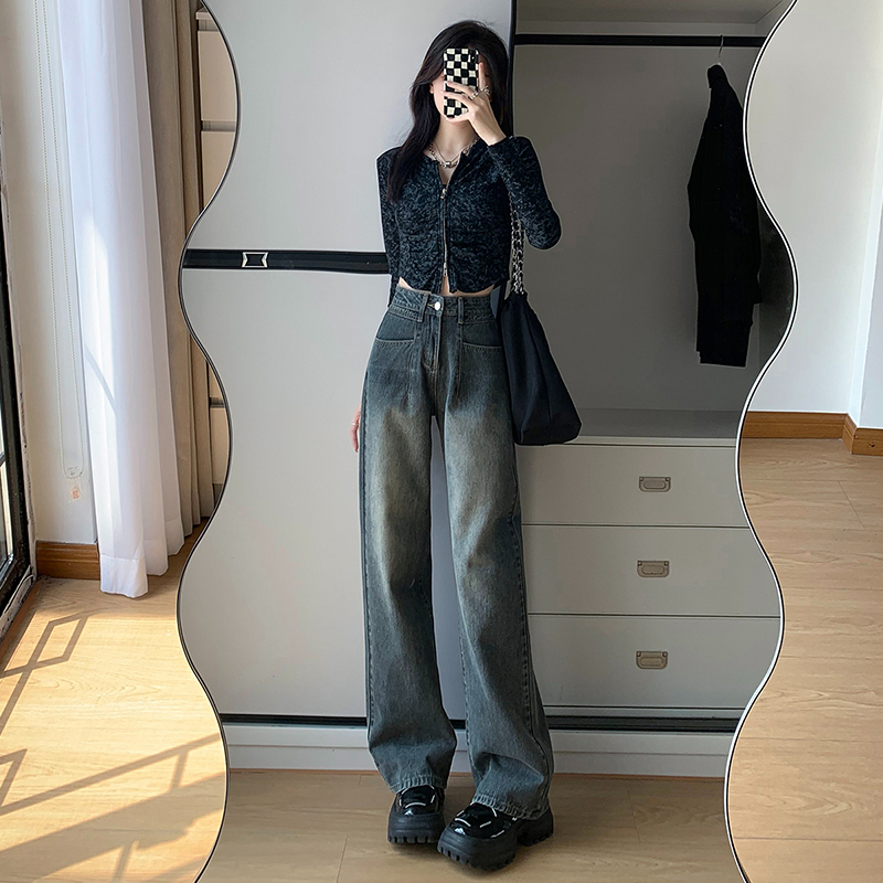 實拍2024早春牛仔褲女港風做舊拖地直筒褲