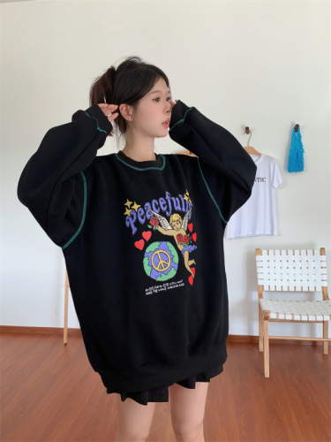 Back collar, double-layered hood, non-pilling, with cotton screw thread, imitation cotton Chinese cotton composite 310g thin sweatshirt for women with print