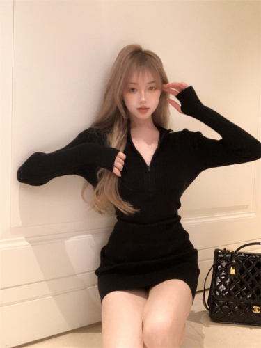 Actual shot zipper neck slim high waist bag hip skirt women's mid-length slim V-neck knitted dress