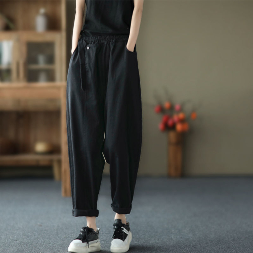 Autumn and summer pure cotton trousers withdrawn last order autumn foreign trade women's clothing retro cotton dad pants elastic waist harem pants for women