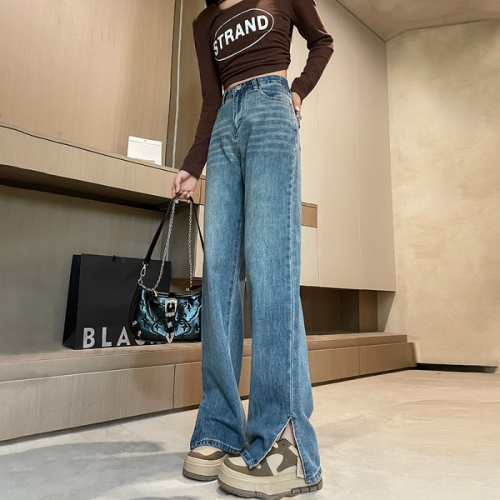 Real shot of gauze soft denim spring style loose straight drape slit jeans slim and versatile for small and tall people