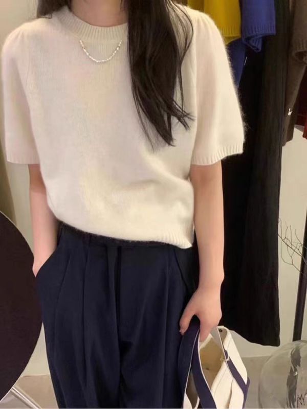 韓版減齡泡泡袖圓領短款毛衣馬海毛打底針織衫女新款早秋短袖上衣