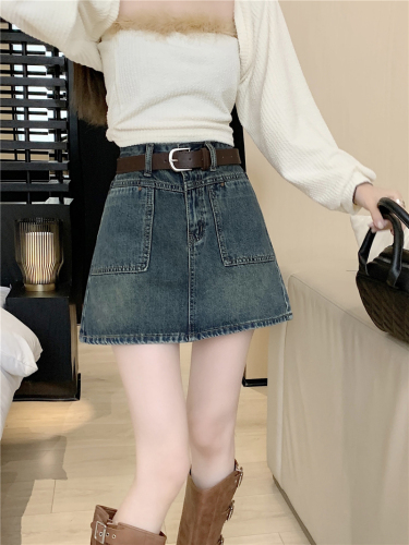 Actual shot ~ New style high-waisted slimming pocket design A-line anti-exposure denim skirt