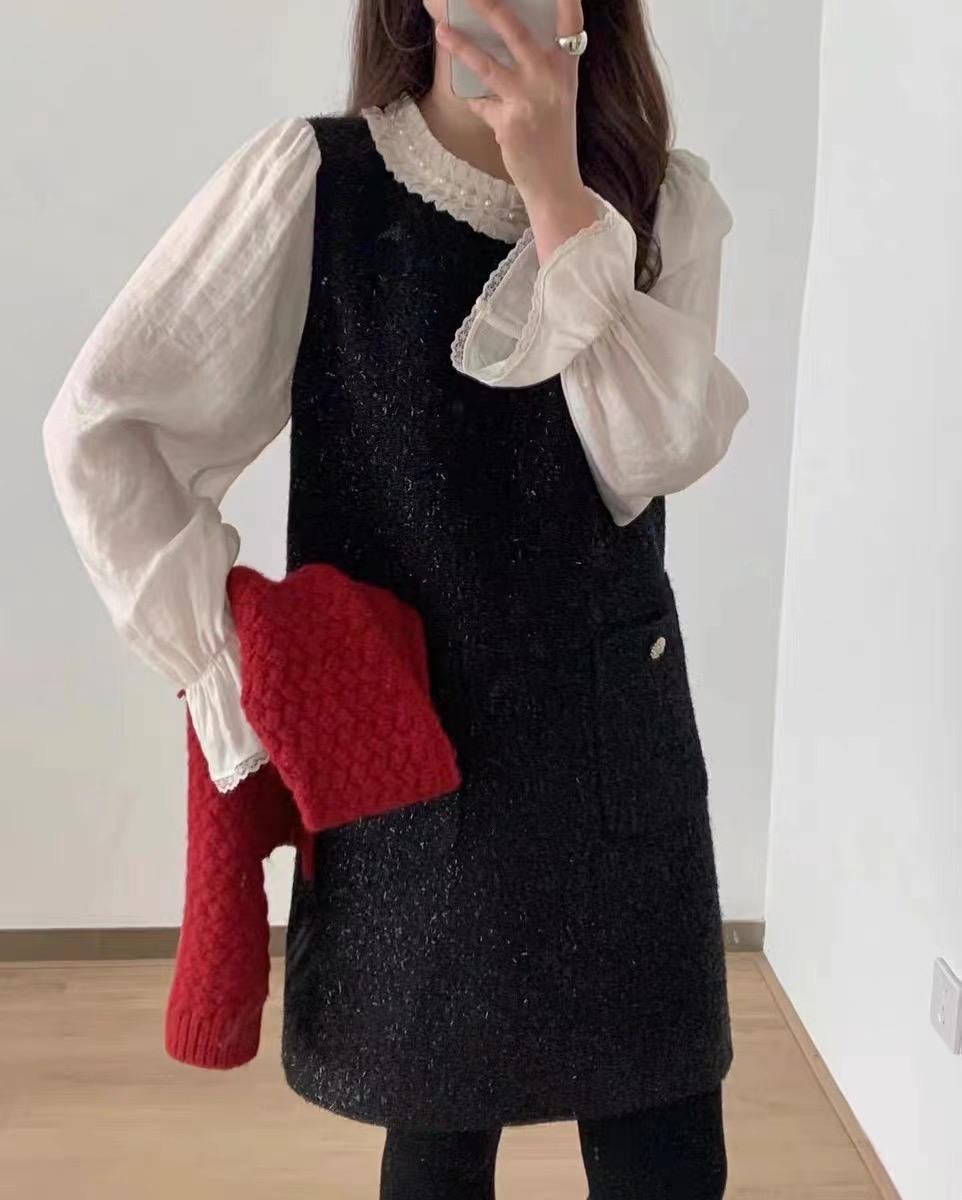 onetwo Korean high-end round neck beaded fake two piece black dress women's loose slimming versatile little black dress