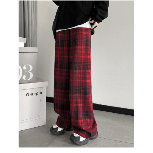 Official picture of retro elastic high-waisted wide-leg pants for women, new spring and autumn loose straight casual pants, plaid pants, thin trousers