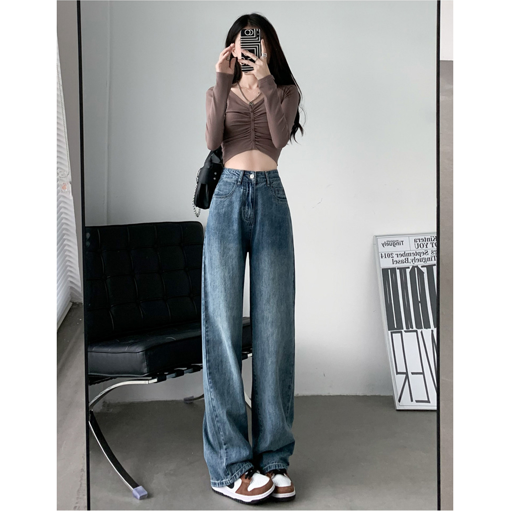 實拍2024早春高腰直筒牛仔褲女寬鬆垂感闊腿拖地褲子