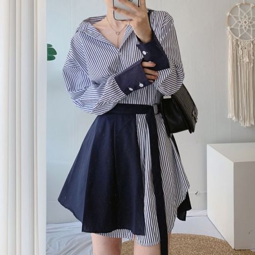 Size update Korean chic spring new fashionable lace-up striped shirt dress two-piece set