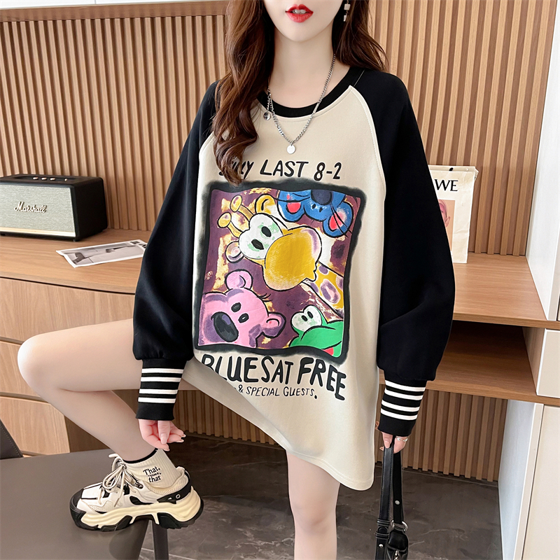 Real shot 2024 spring new 280g loose double-sided German velvet round neck spliced ​​long-sleeved bottoming shirt T-shirt for women