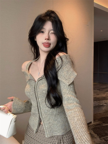 Actual shot of gentle style one-shoulder sweater for women in autumn long-sleeved waist slim fit pure desire double zipper cardigan