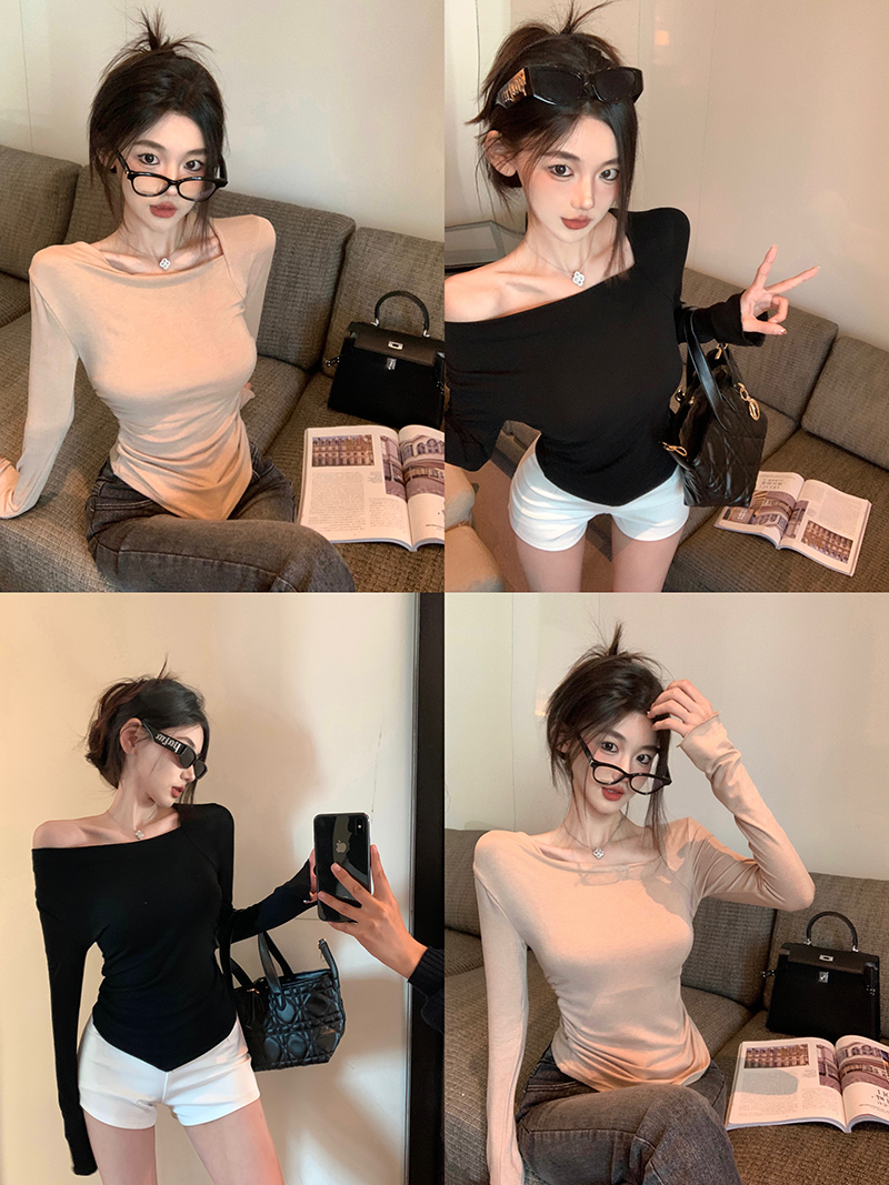 Real shot of sweet hot girl long-sleeved T-shirt for women in spring slimming irregular top bottoming shirt