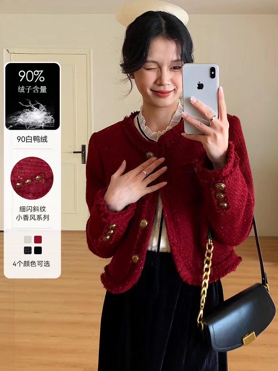 French style lady twill tweed small fragrant style short coat high-end winter down jacket for small women