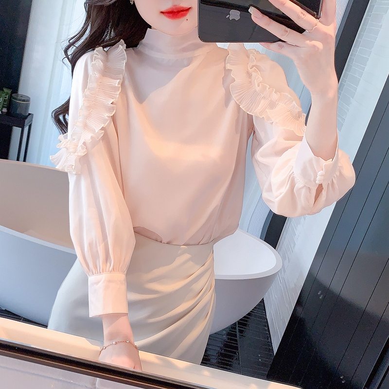 2024 early spring new French cool high-end design niche two-wear solid color stand-up collar lace chiffon shirt