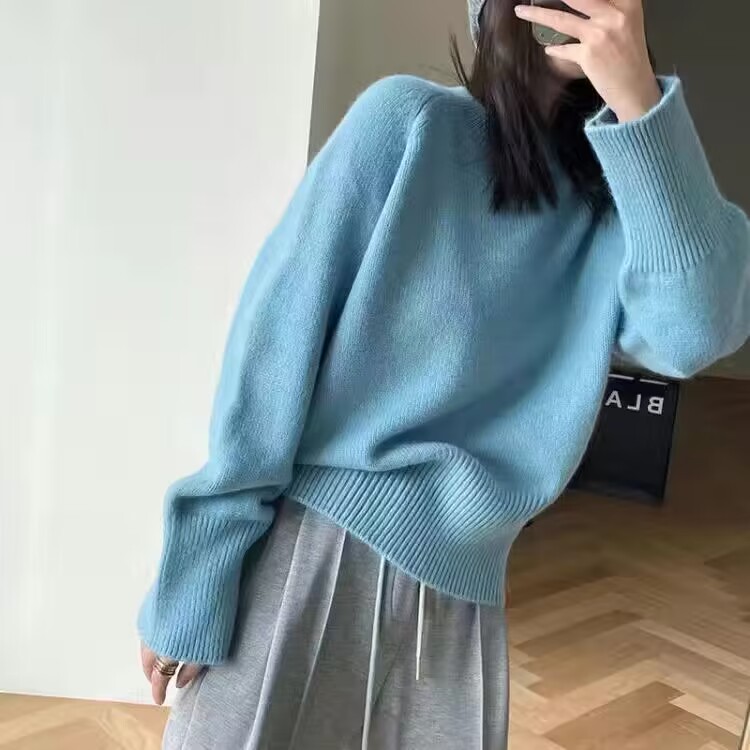 韓版簡約白色圓領套頭毛衣女加厚保暖2024秋冬新款長袖打底針織衫
