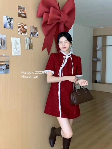 Red New Year Cheongsam 2024 New Improved Young Girl Small Mid-Length Style Dress