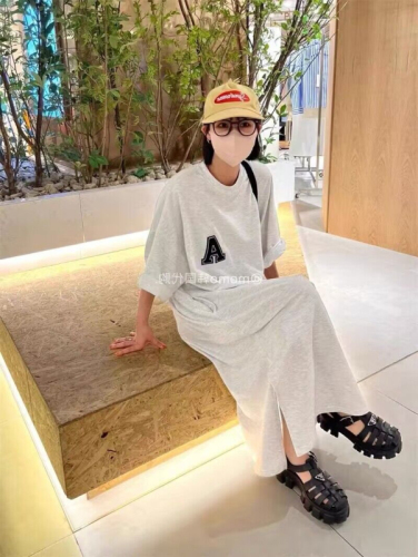 Korean slit long dress women's summer large size lazy skirt loose knee-length letter casual short-sleeved T-shirt dress