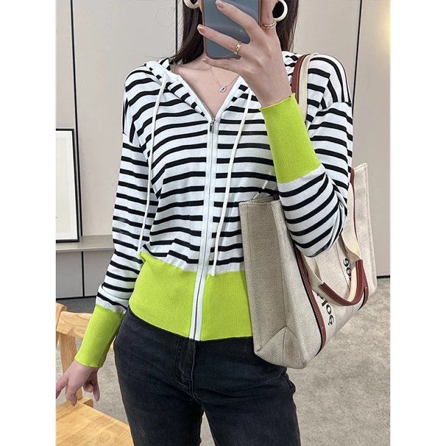 Hooded knitted cardigan for women 2024 spring and autumn striped short contrasting color knitted top with jacket inside and outside