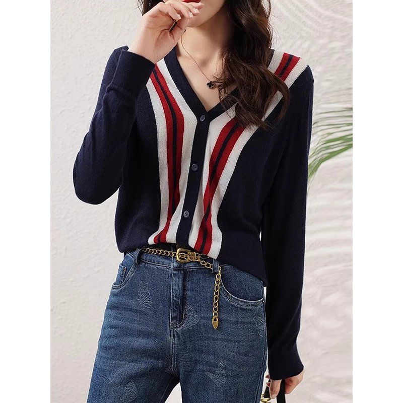 V-neck sweater cardigan 2024 spring and autumn new long-sleeved simple versatile commuting color-blocking design knitted thin