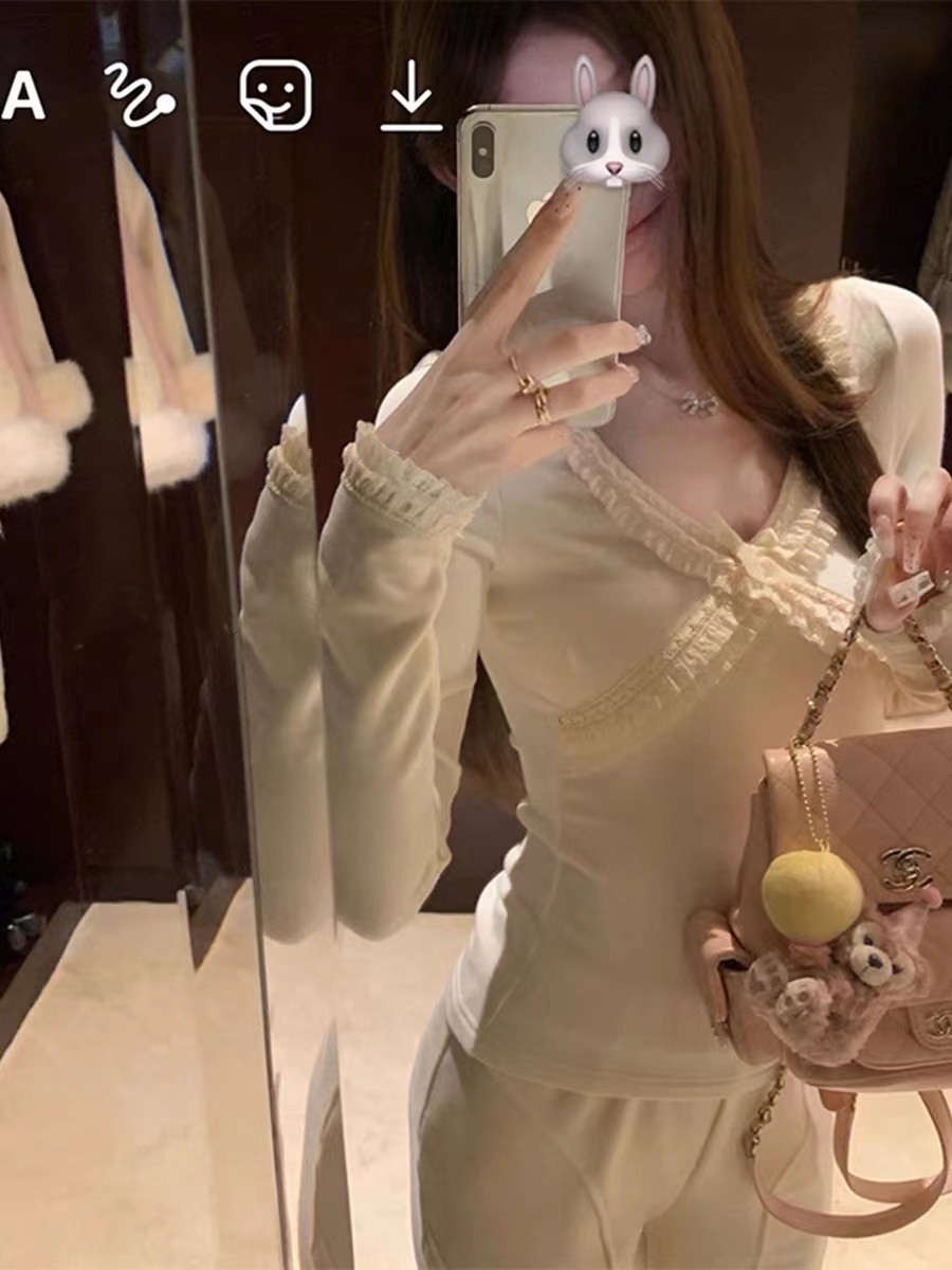 Ballet style pure desire v-neck T-shirt for women in autumn and winter lace bottoming shirt with bow knot inside short and beautiful top