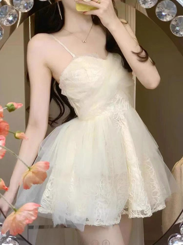 Ballet style pure lust sweet hottie French high-end small dress fairy mesh fluffy princess suspender dress summer