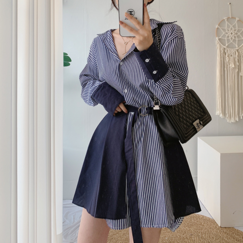 Size update Korean chic spring new fashionable lace-up striped shirt dress two-piece set