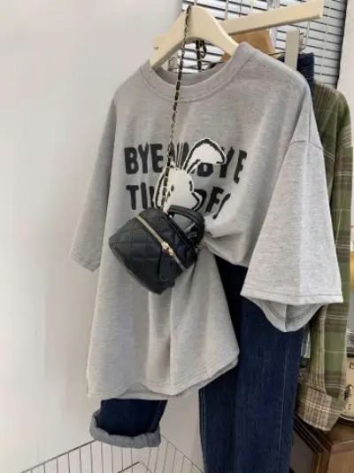 純棉後包邊印花t恤女夏季設計感小眾寬鬆體恤小個子別致短袖上衣