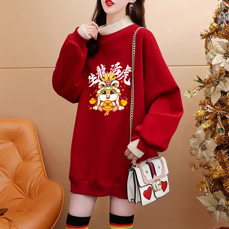 Pure cotton composite super soft autumn and winter super fire dragon print fake two-piece half turtleneck plus velvet sweatshirt for women